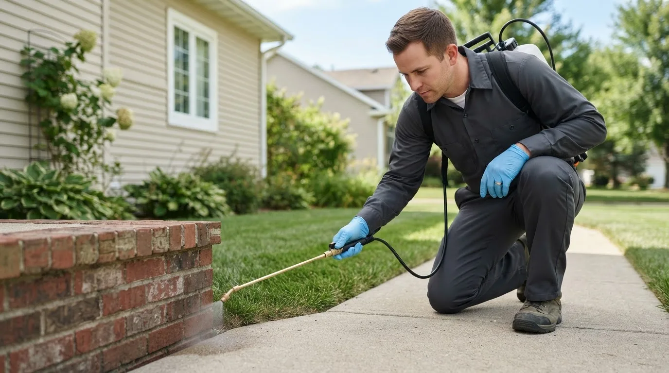 Pest control technician treating a home near Midvale, OH